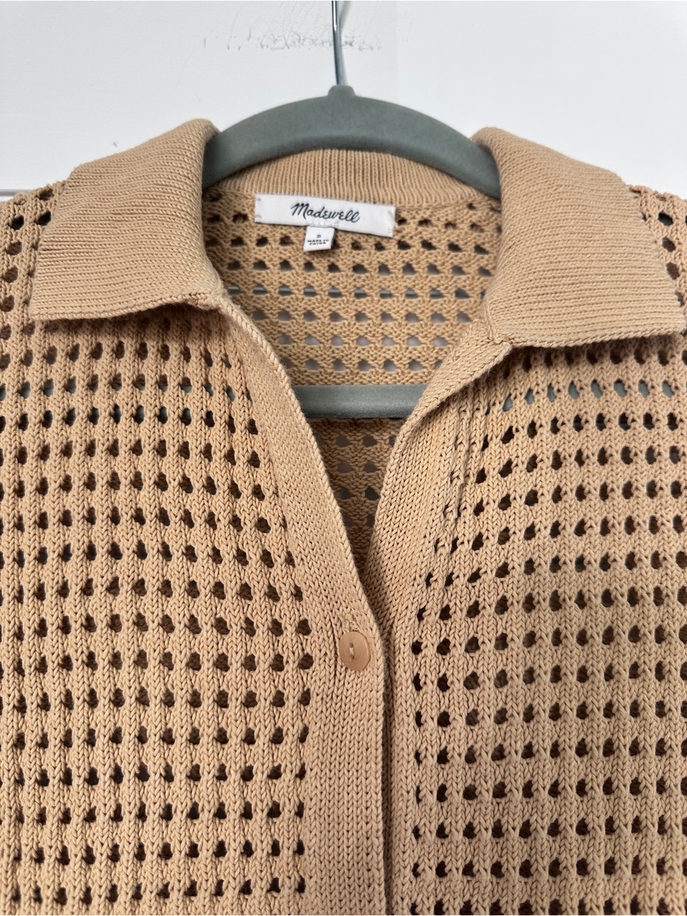 Madewell 100% Cotton Tan Crochet Stitch Open Knit Polo Cardigan Sweater Size S - Picture 5 of 16
